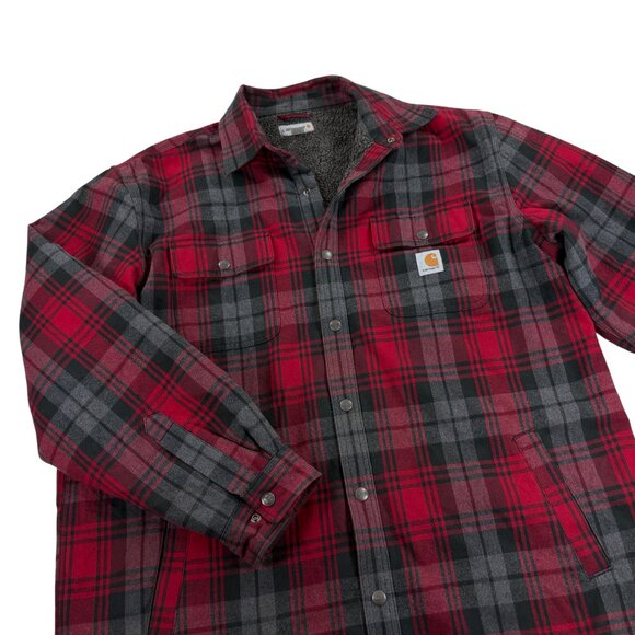Carhartt Sherpa Lined Flannel Jacket Mens XL RELAXED FIT Snap Button Red Plaid - Picture 3 of 10